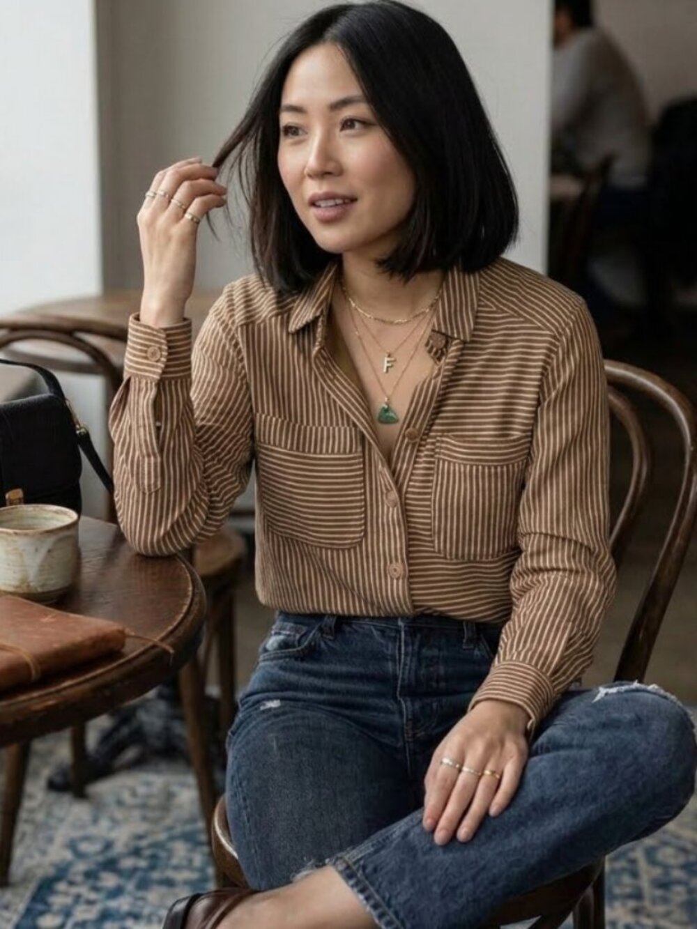 FRNCH PARIS Brown Striped Casual Button Down Shirt